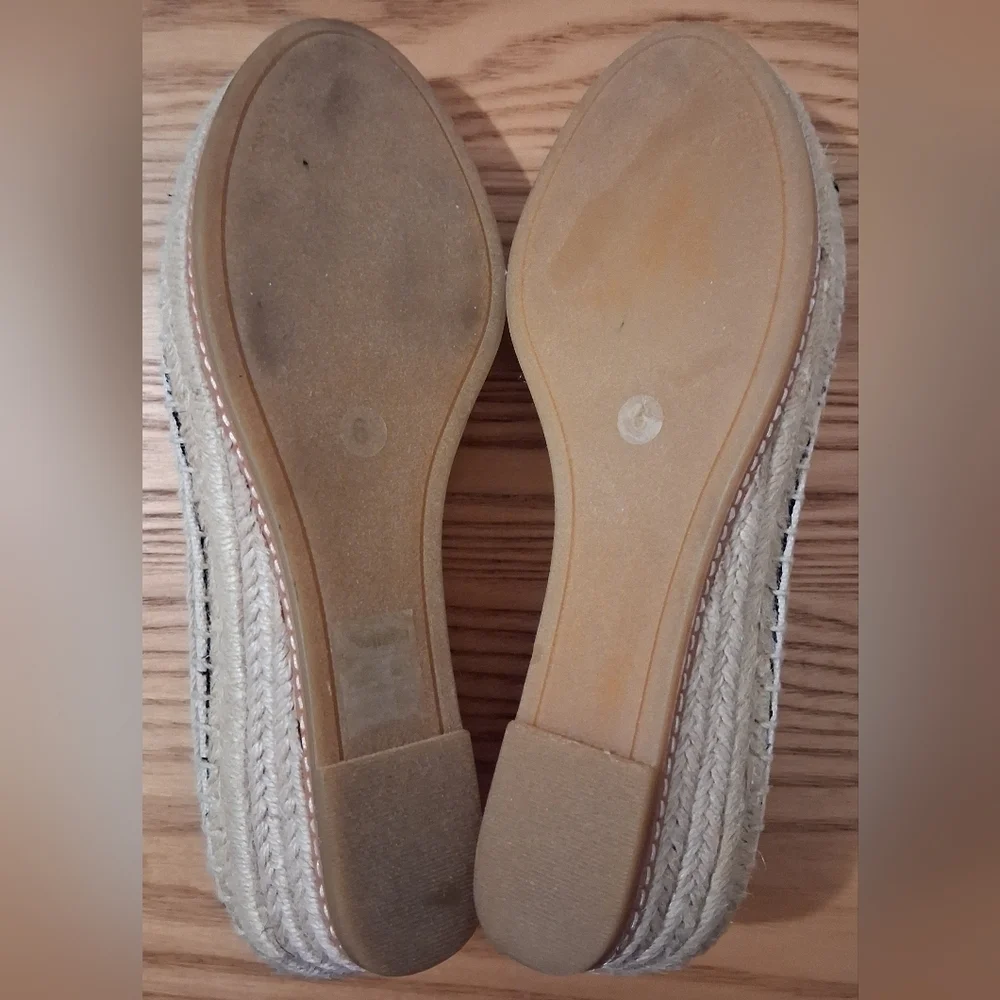 EUC Tory Burch Black Leather & Beige Canvas Casual Boho Wedge Heel Shoe SZ 6M